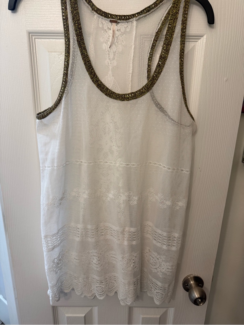 Free People White Tank Top with Olive Trim